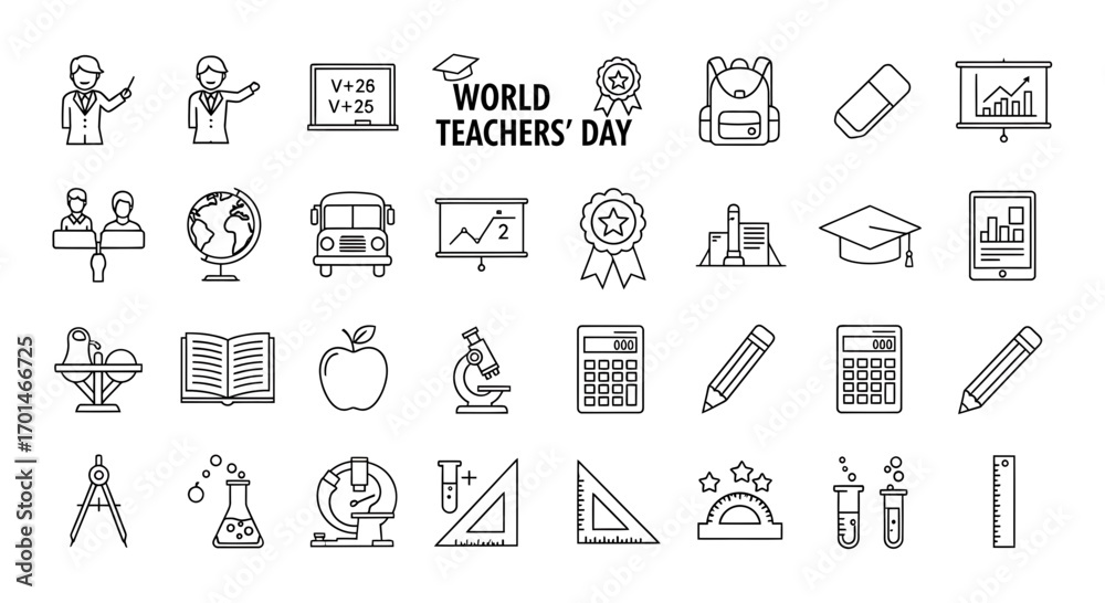 Fototapeta premium A diverse collection of educationthemed icons, covering subjects, tools, and symbols, perfect for educational websites, presentations, and learning materials for students and teachers