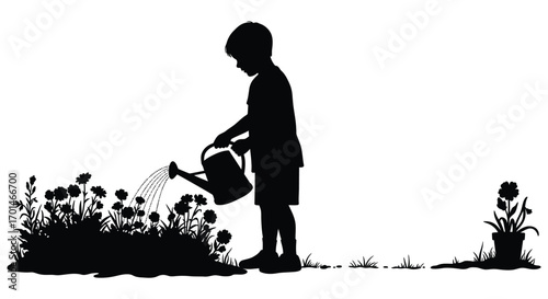a child watering flowers in garden silhouette