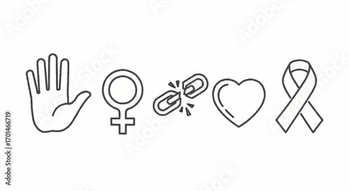 A collection of linear icons symbolizing women's rights, female empowerment, freedom, and solidarity in the fight against abuse