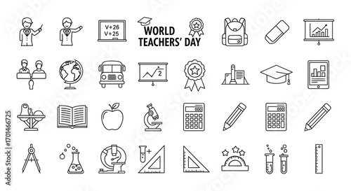 A diverse collection of educationthemed icons, covering subjects, tools, and symbols, perfect for educational websites, presentations, and learning materials for students and teachers