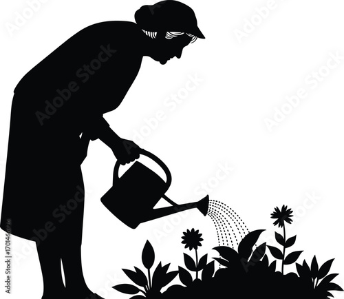 Silhouette of Elderly Woman Watering Plants in Garden with Watering Can – Floral Gardening Vector Art for Nature Eco Scene
