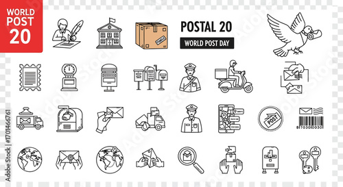 A collection of postal service icons for world post day, featuring a postman, a post office, a package, a dove carrying a letter, a stamp, a mailbox, a delivery truck, and other related symbols