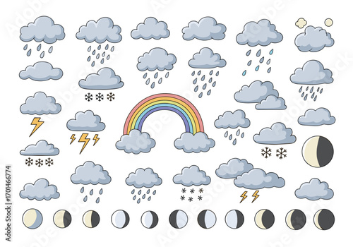 Collection of weather icons featuring clouds rain snow lightning and moon phases
