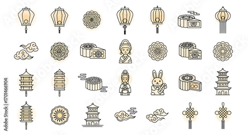 Collection of Mid-Autumn Festival icons featuring lanterns, mooncakes, and cultural symbols