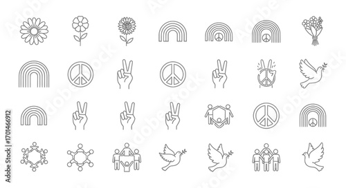 A harmonious collection of peace icons, featuring flowers, rainbows, peace signs, doves, and people, all meticulously crafted in a charming line art style