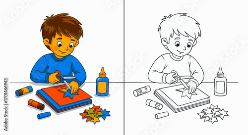 Enthusiastic boy immersed in a paper cutting craft project, surrounded by various art supplies, encouraging creativity and hands-on learning in childhood
