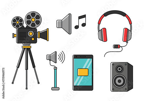Collection of vintage and modern audio visual equipment and devices
