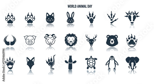 World animal day vector icon set collection of animal footprints, heads and silhouettes vector illustration of wild and domestic animals for web design or print