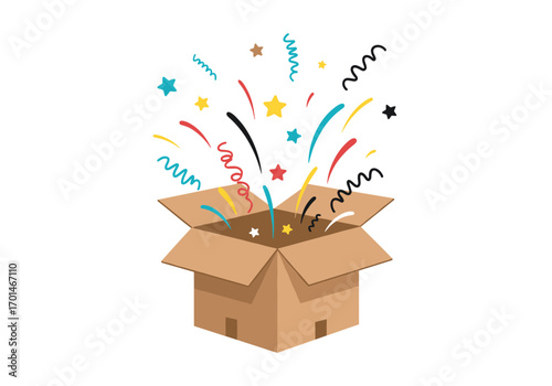 Surprise gift box exploding with colorful confetti stars streamers celebration