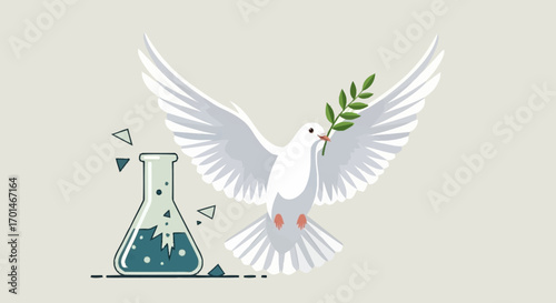 Symbolic vector illustration of science for peace, featuring a white dove with an olive branch and a chemical laboratory flask