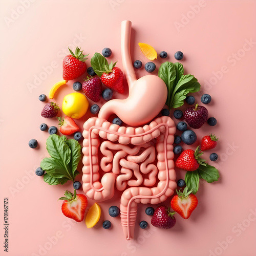 Digestive system surrounded by gut-friendly foods, emphasizing intestinal health and leaky gut prevention, vibrant colors, 3D design, pink background