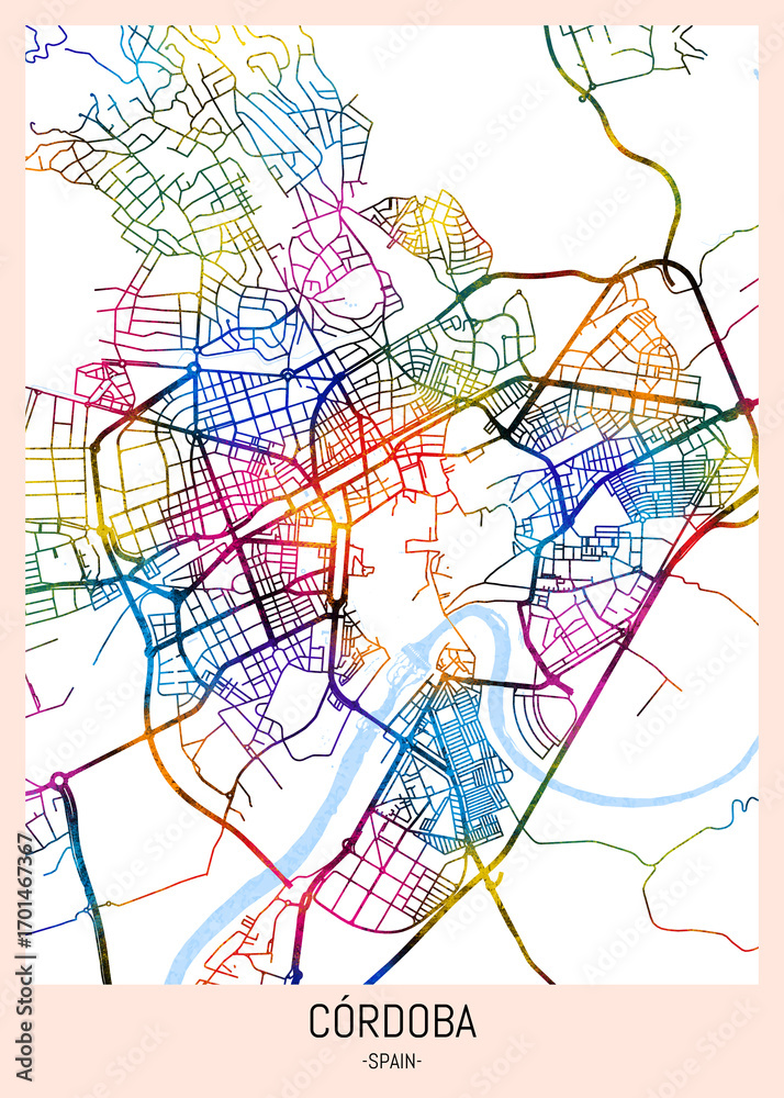 Obraz premium Cordoba Spain City Map. city background, abstract city printable, city travel, city banner, modern city, city background, abstract watercolor, abstract paint, urban background