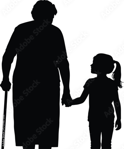 Silhouette of Elderly Woman with Cane Holding Hands with Young Girl, Generational Bond and Family Love Concept Vector Illustration