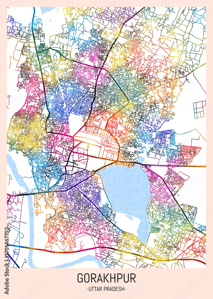 Obraz premium Gorakhpur Uttar Pradesh City Map. city background, abstract city printable, city travel, city banner, modern city, city background, abstract watercolor, abstract paint, urban background