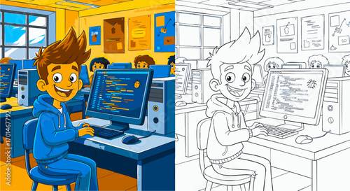 Happy Boy Learning to Code Colorful Illustration and Coloring Page