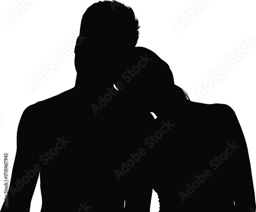 Silhouette of loving couple embracing, woman resting head on man’s shoulder, intimate romantic moment, togetherness, affection, love, relationship concept