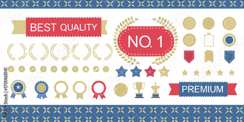 Collection of award badges ribbons laurels stars trophies and seals for best quality and premium recognition