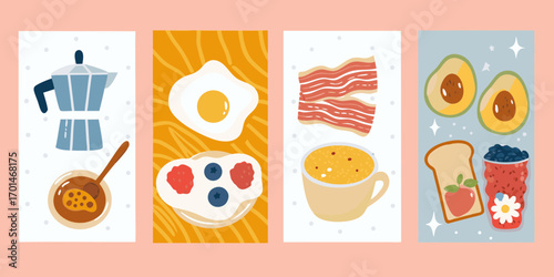 A collection of four colorful illustrations depicting various breakfast foods and drinks in a flat design style
