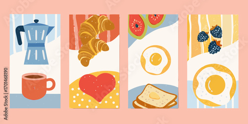 Whimsical breakfast collage featuring coffee croissants fried eggs toast berries and fruit
