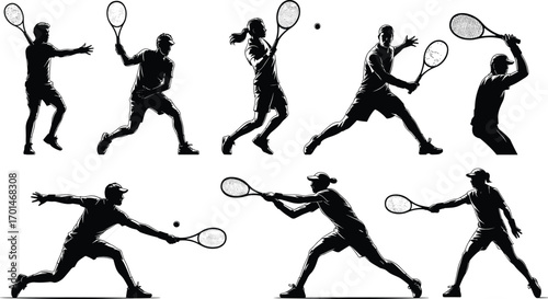 Tennis player silhouettes, sports action poses, male and female athletes hitting ball with racket, professional game, training, match illustration design