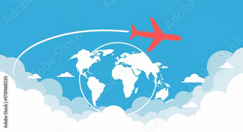 Vector illustration of an airplane flying around the world map, symbolizing global travel, tourism, and adventure