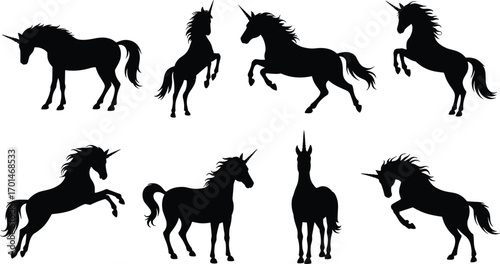 Unicorn silhouette collection, magical horse fantasy design, mythical animal vector illustration, majestic unicorn art, fairytale creature graphic isolated shapes