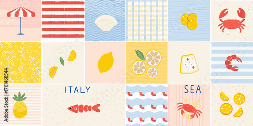 Collection of summer beach and italian themed illustrations with fruits and seafood