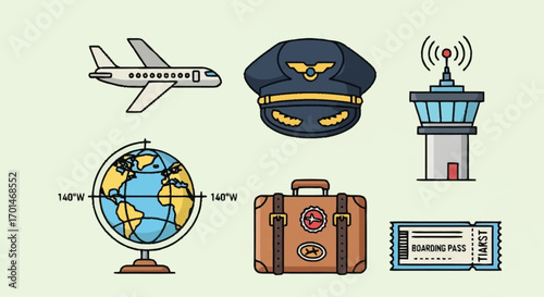 A collection of colorful flat design vector icons related to air travel, aviation, and global journey concepts