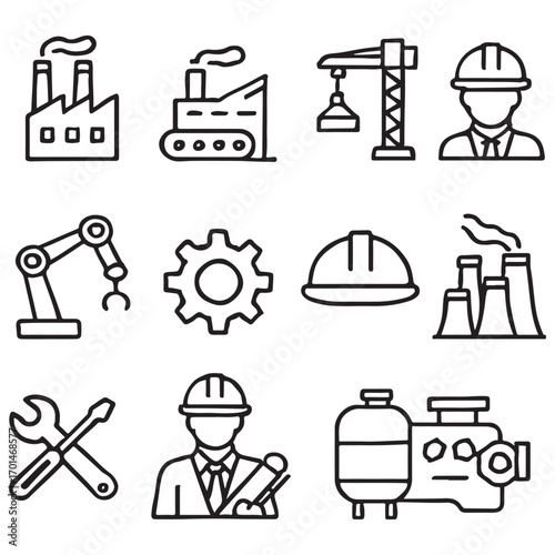 Industry line icon set. Featuring production, manufacturing, construction, engineering, industrial, engine vector