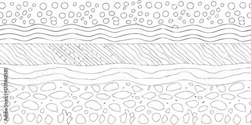 Abstract hand drawn line art representing geological layers and textures with organic shapes and patterns