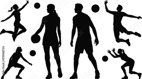Volleyball player silhouettes jumping, spiking, serving, blocking, men and women athletes with ball, vector sport illustration, teamwork, action, competition