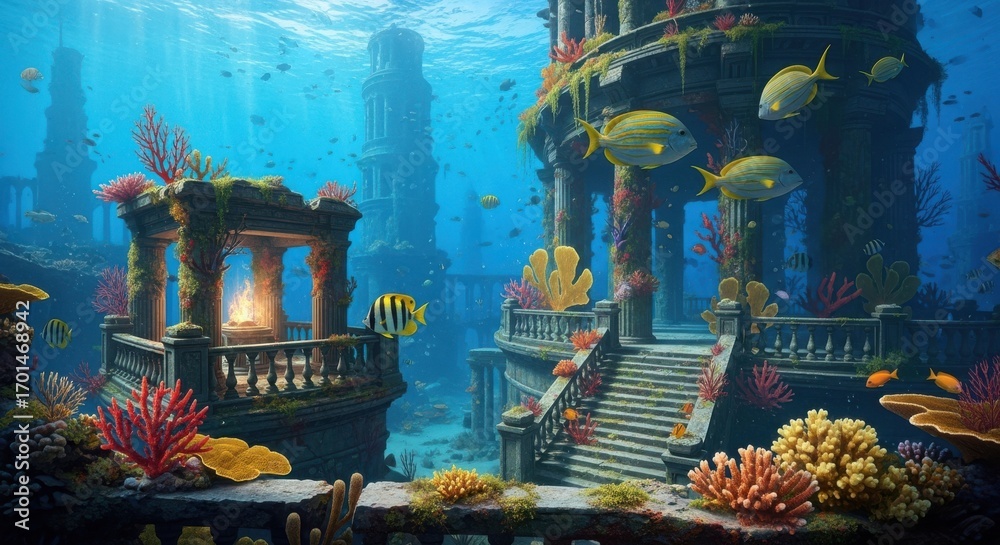 Obraz premium Ancient underwater city with marine life and coral reefs