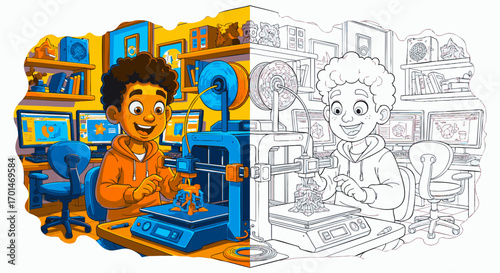 Boy's 3D Printing Adventure A Colorful Coloring Page