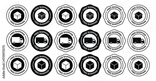 Free Shipping Badge Icons Set – Delivery Truck, Package & Box Vector Labels for E-Commerce Stores