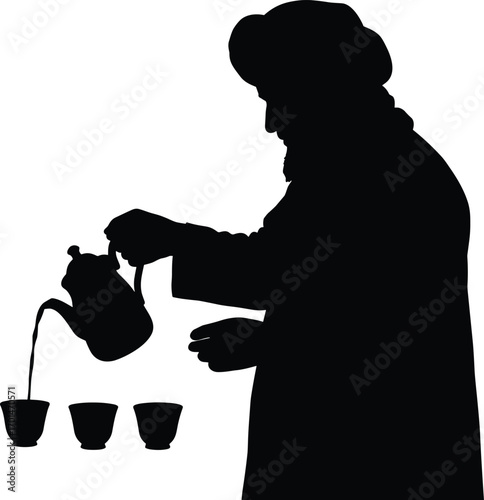 Silhouette of Man Pouring Tea from Teapot into Cups, Traditional Ceremony, Hospitality, Beverage Serving, Culture, Ritual, Warm Drink, Tea Time
