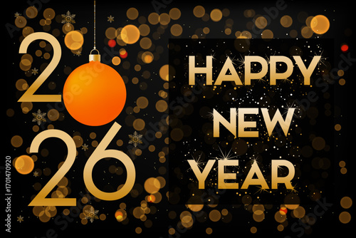 Simple illustration of "2026" with an orange ornament and "Happy New Year" text on a dark bokeh background. Ideal for New Year celebrations.
