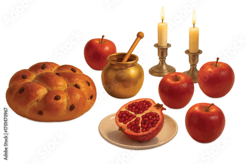 Vector composition of traditional Jewish New Year table setting with apples, honey, candles and challah bread in festive arrangement.