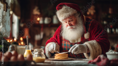 Santa Claus making Christmas pancakes in kitchen, festive holiday breakfast
