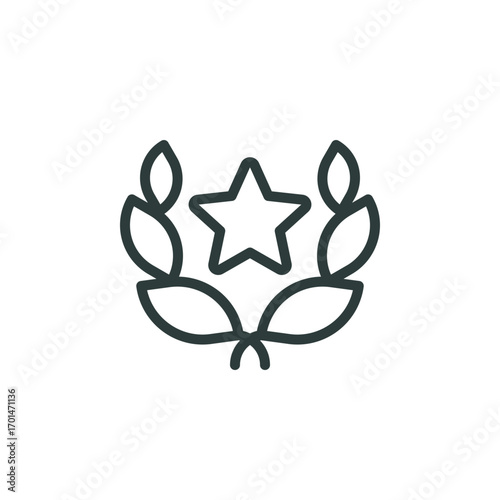 Laurel wreath, winner trophy, outline icon. Line sign circular foliate wreath of two laurel branches with leaves and star. Vector isolated pictogram for web on white background editable stroke.