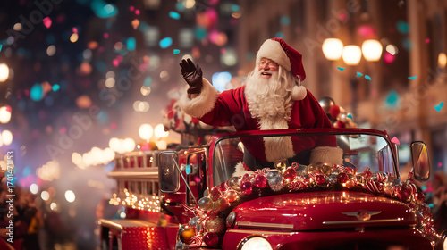 Santa riding fire truck with Christmas lights and decorations, holiday parade scene
