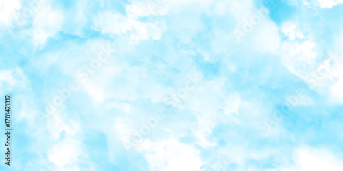 watercolor painting of a bright blue sky above a landscape of soft, Abstract watercolor blue sky, painterly clouds and gradient, white clouds in a gentle watercolor style image.
