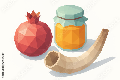 Vector low poly style of pomegranate, honey jar and shofar for Rosh Hashanah, modern geometric festive illustration.