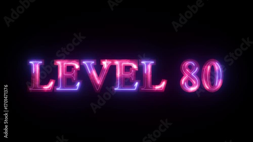 Neon Level 80 text font animation.  Letters spelling out level Up appear screen display animation. Level Up neon sign text animation.