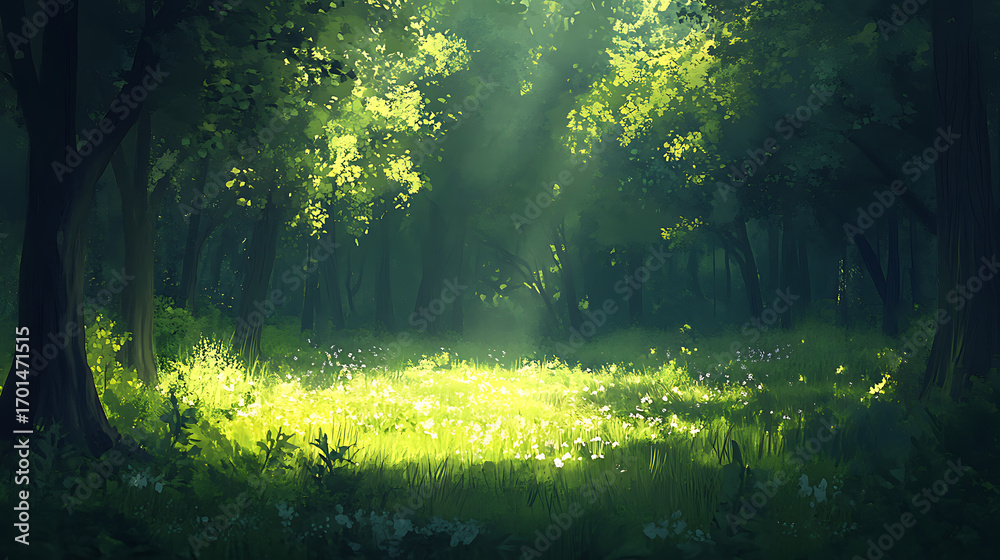 Fototapeta premium Enchanting forest with light beams and greenery high resolution picture