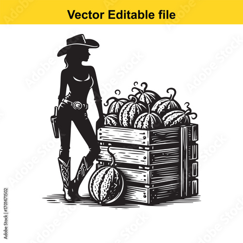 Silhouette of a cowgirl standing next to a crate full of pumpkins isolated on white background