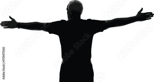 Silhouette of man standing with arms wide open, freedom expression pose, back view vector, success, confidence and strength concept.