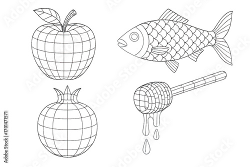 Vector wireframe outline illustration of apple, pomegranate, fish and honey dipper, technical clean design with holiday elements.
