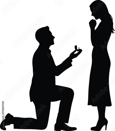 Silhouette of man proposing on one knee with engagement ring to surprised woman, romantic moment, love, marriage proposal, relationship, commitment