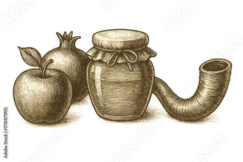 Detailed vector drawing of apple, pomegranate, honey jar and shofar with textured lines, classic engraving style, traditional cultural symbolism.