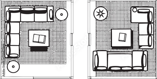 Vector art of top view of living room layouts with sofas, tables, and chairs
